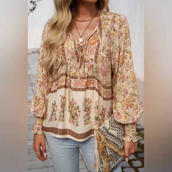 None Tops - NWOT Floral Boho Women's Peasant Top Poet Blouse Neutral | Size M